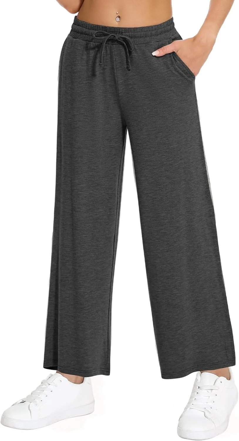 WiWi Women's French Terry Yoga Pants Soft Viscose from Bamboo Lounge Pants Wide Leg Sweatpants with Pockets S-XXL