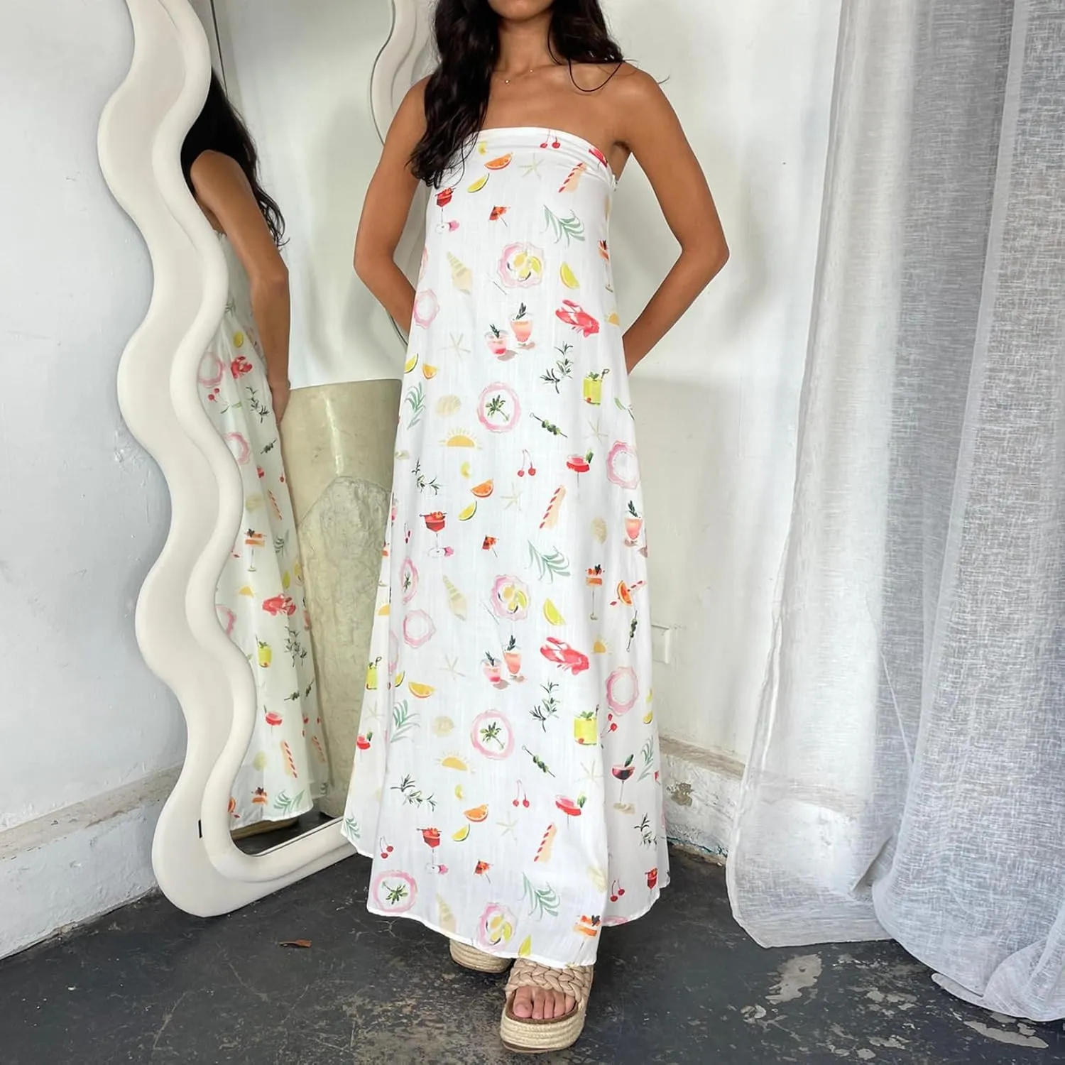 Women Boho Graffiti Tube Dress Graphic Strapless Flowy A Line Dress Y2k tube dresses for women Summer Beach Sundress