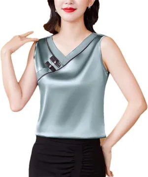 Women Chinese Style Tank Top Spring Summer Silk Satin Vest V Neck Sleeveless Casual Camisole