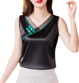 Women Chinese Style Tank Top Spring Summer Silk Satin Vest V Neck Sleeveless Casual Camisole