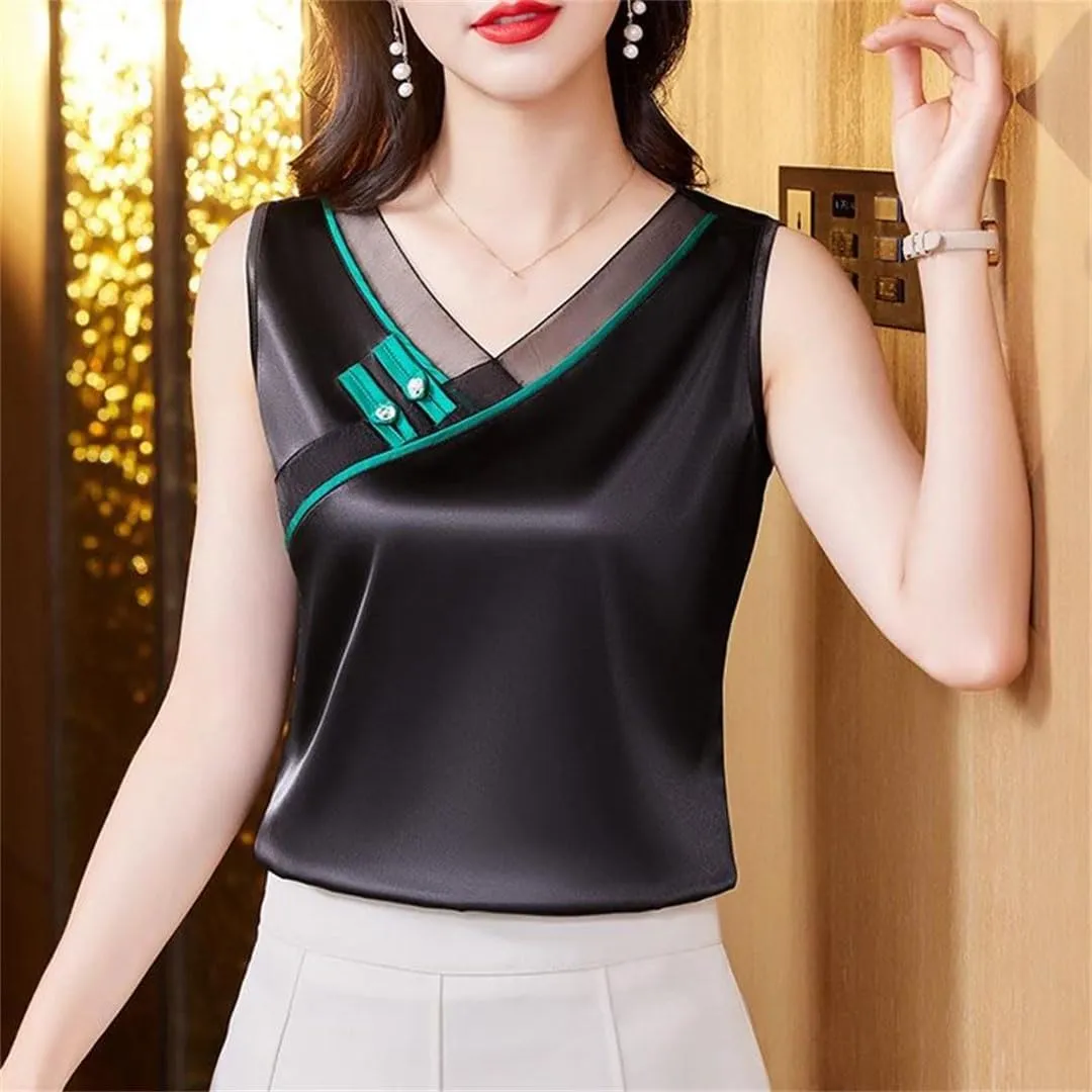 Women Chinese Style Tank Top Spring Summer Silk Satin Vest V Neck Sleeveless Casual Camisole