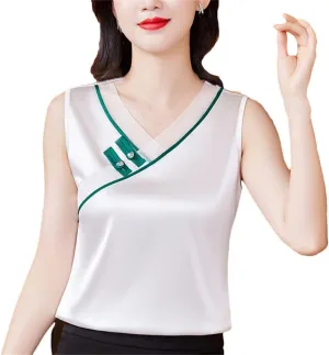 Women Chinese Style Tank Top Spring Summer Silk Satin Vest V Neck Sleeveless Casual Camisole