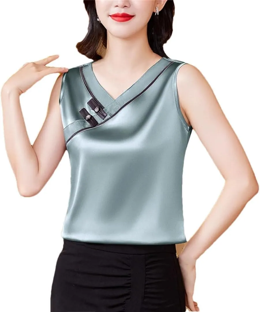 Women Chinese Style Tank Top Spring Summer Silk Satin Vest V Neck Sleeveless Casual Camisole