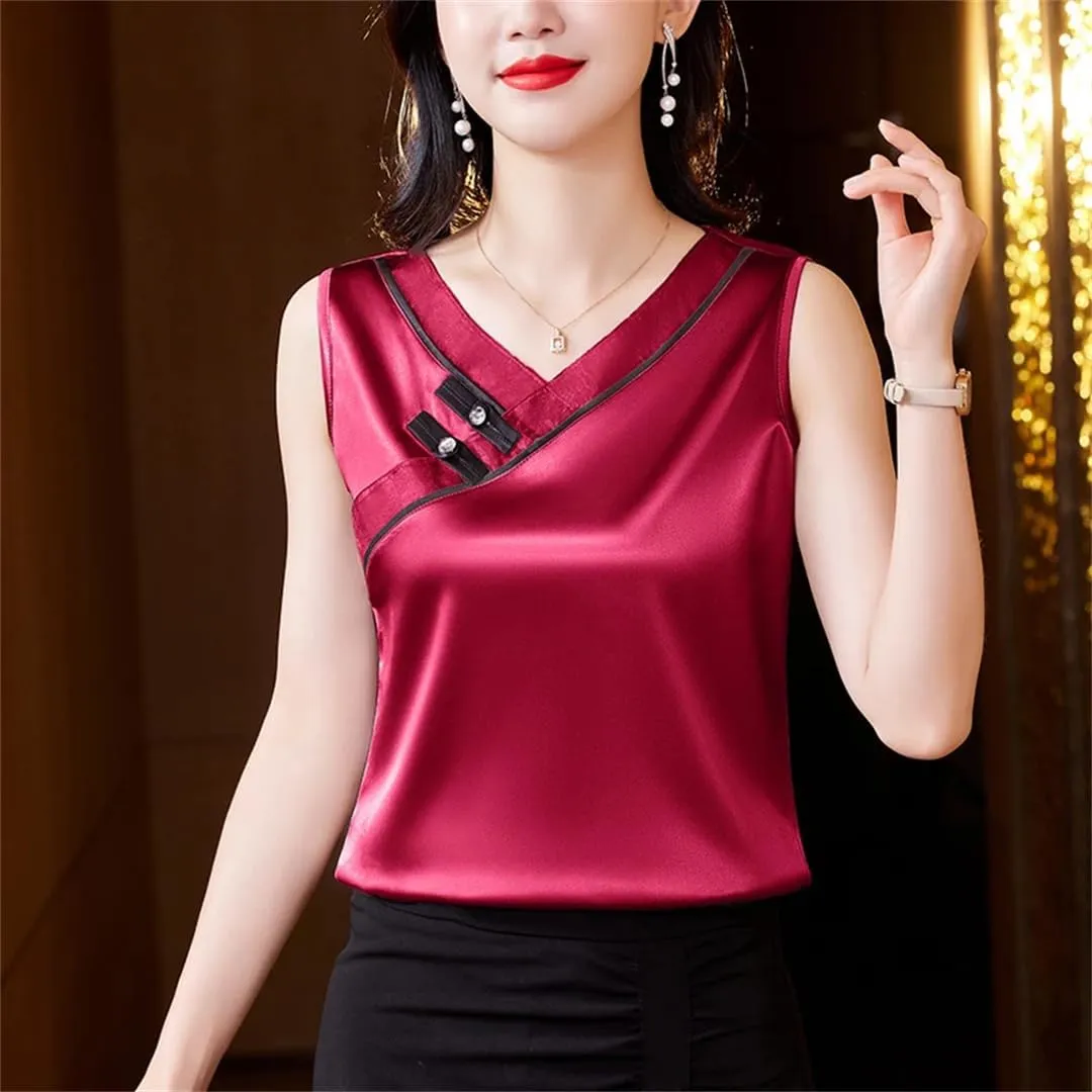 Women Chinese Style Tank Top Spring Summer Silk Satin Vest V Neck Sleeveless Casual Camisole