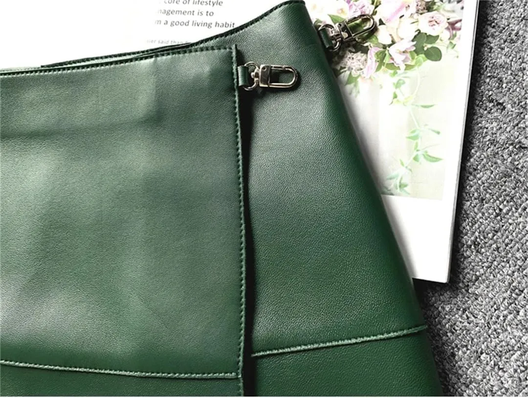Women Classic Overlapping Metal Buckle A-Line Midi Croc Emboss Skort One Piece Genuine Leather Skirt