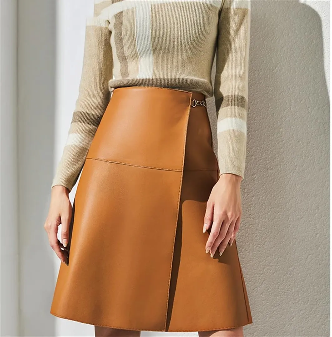 Women Classic Overlapping Metal Buckle A-Line Midi Croc Emboss Skort One Piece Genuine Leather Skirt