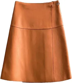 Women Classic Overlapping Metal Buckle A-Line Midi Croc Emboss Skort One Piece Genuine Leather Skirt