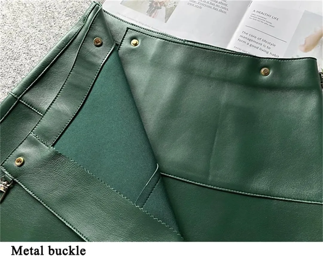Women Classic Overlapping Metal Buckle A-Line Midi Croc Emboss Skort One Piece Genuine Leather Skirt