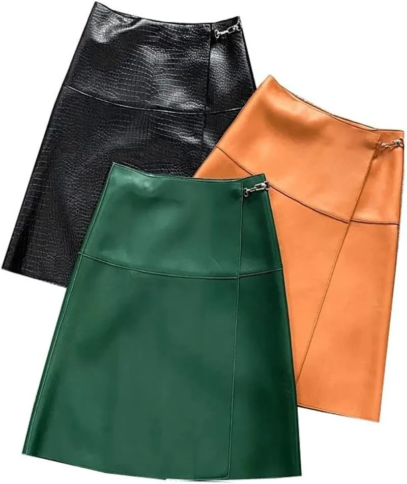 Women Classic Overlapping Metal Buckle A-Line Midi Croc Emboss Skort One Piece Genuine Leather Skirt