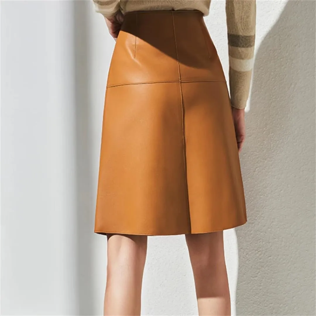 Women Classic Overlapping Metal Buckle A-Line Midi Croc Emboss Skort One Piece Genuine Leather Skirt