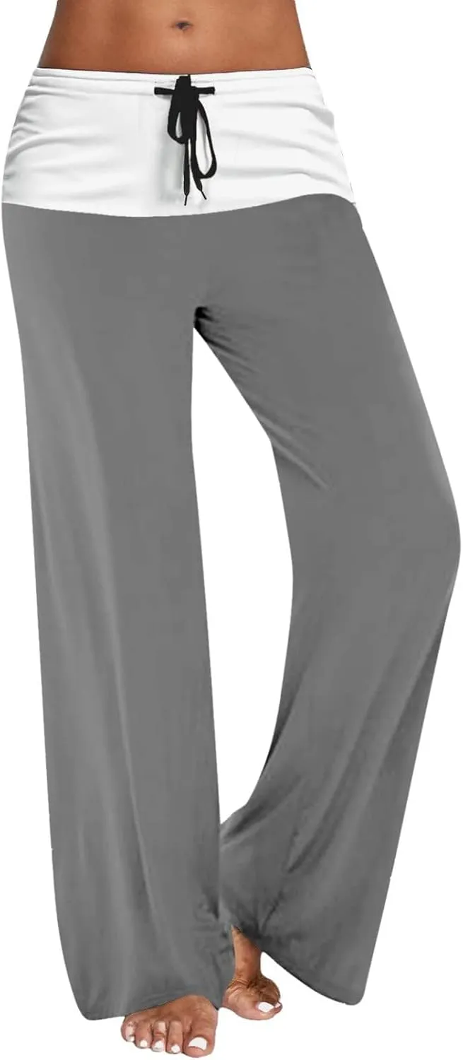 Women Color Block Yoga Pants High Waist Loose Comfy Sweatpants Soft Stretch Wide Leg Drawstring Trouser Lounge Slacks
