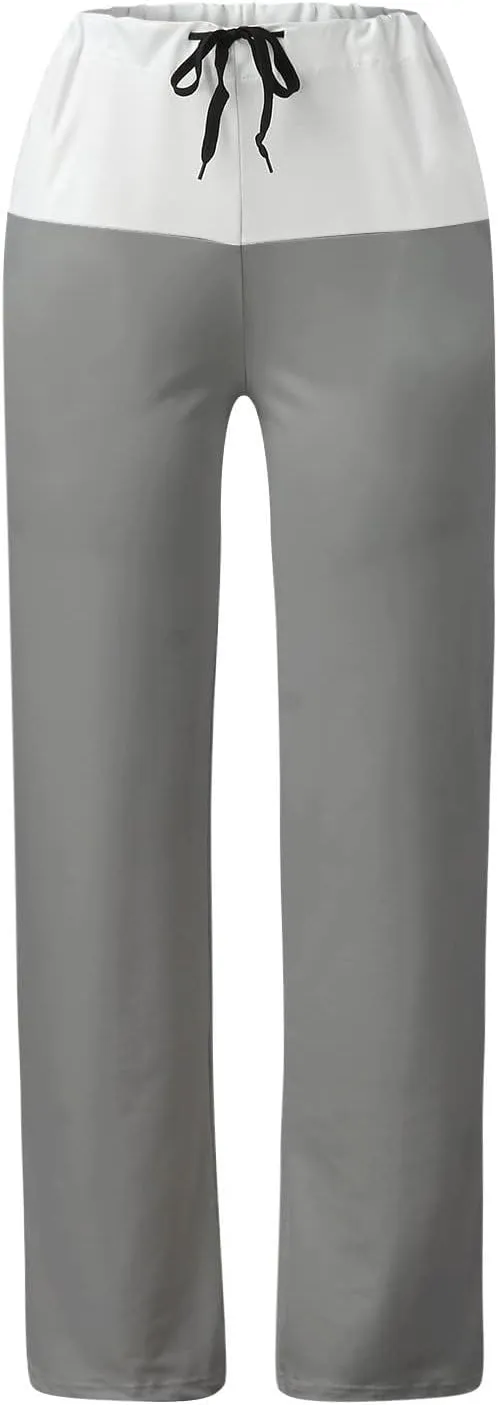 Women Color Block Yoga Pants High Waist Loose Comfy Sweatpants Soft Stretch Wide Leg Drawstring Trouser Lounge Slacks