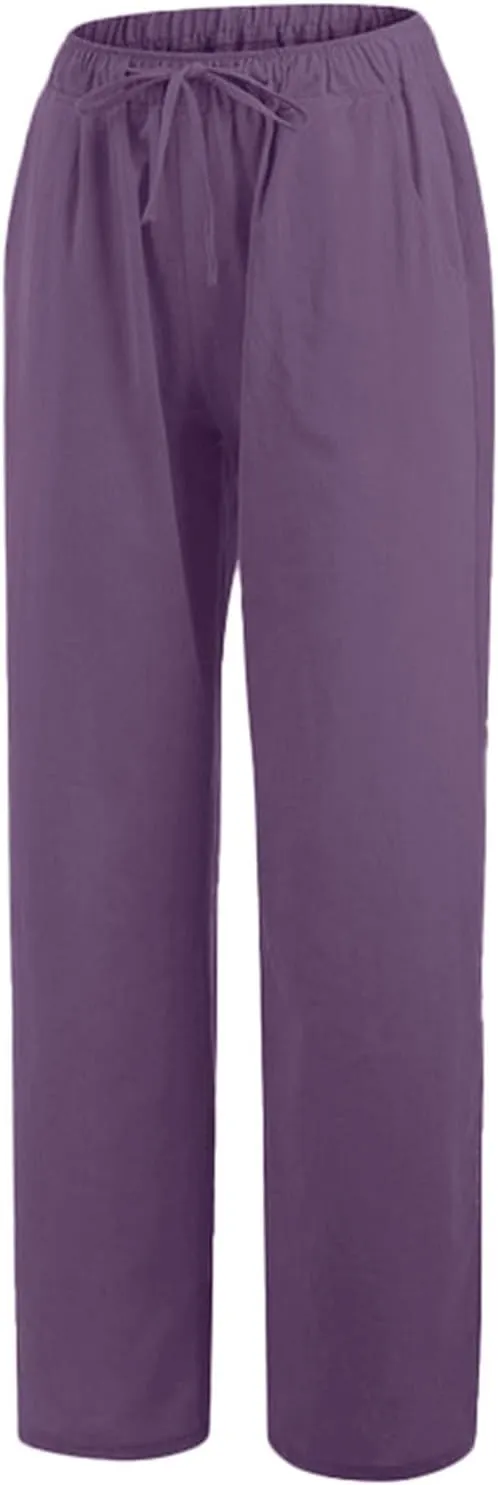 Women Cotton Linen Palazzo Pants Summer Flowy Wide Leg Beach Slacks Drawstring Causal Pants Soft Lightweight Trousers