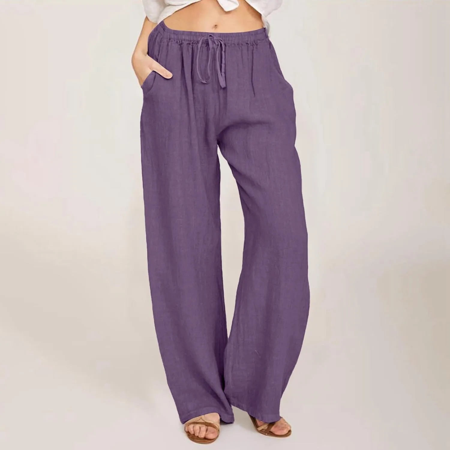 Women Cotton Linen Palazzo Pants Summer Flowy Wide Leg Beach Slacks Drawstring Causal Pants Soft Lightweight Trousers