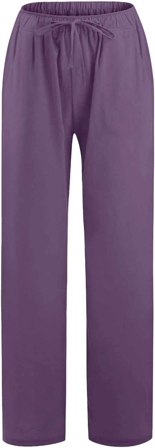 Women Cotton Linen Palazzo Pants Summer Flowy Wide Leg Beach Slacks Drawstring Causal Pants Soft Lightweight Trousers