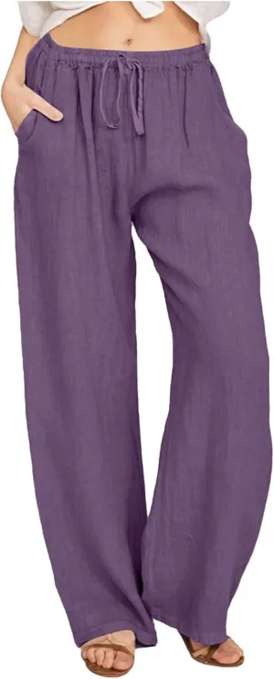 Women Cotton Linen Palazzo Pants Summer Flowy Wide Leg Beach Slacks Drawstring Causal Pants Soft Lightweight Trousers