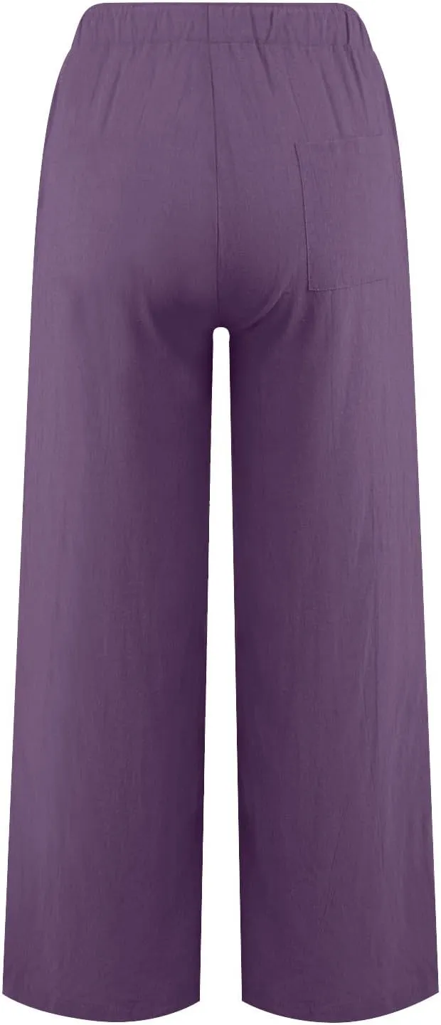 Women Cotton Linen Palazzo Pants Summer Flowy Wide Leg Beach Slacks Drawstring Causal Pants Soft Lightweight Trousers