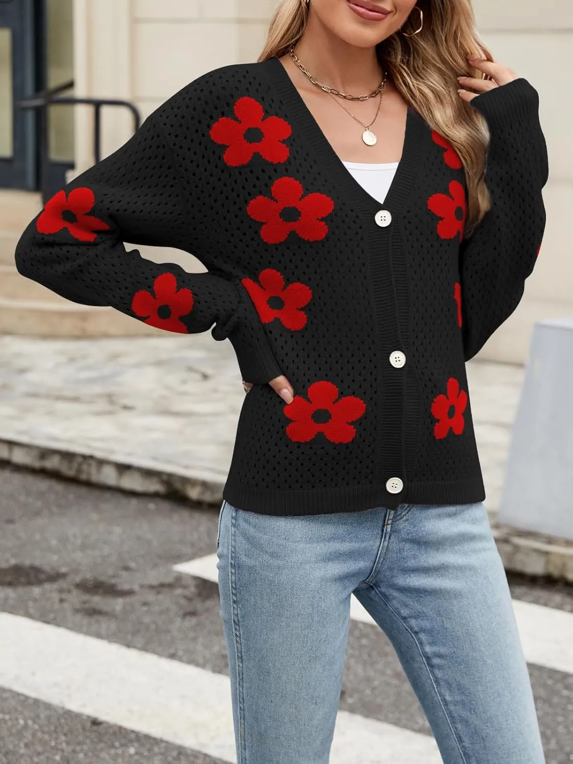 Women Crochet Cropped Cardigan Sweaters Lightweight Button Down V Neck Cardigan Flower Knit Open Front Cute Outfits Fall
