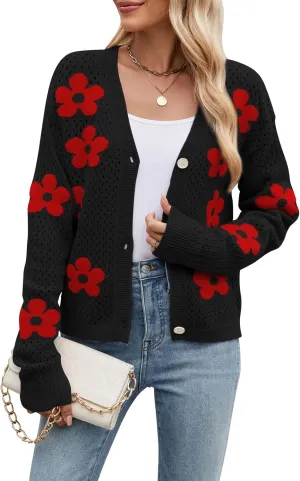 Women Crochet Cropped Cardigan Sweaters Lightweight Button Down V Neck Cardigan Flower Knit Open Front Cute Outfits Fall