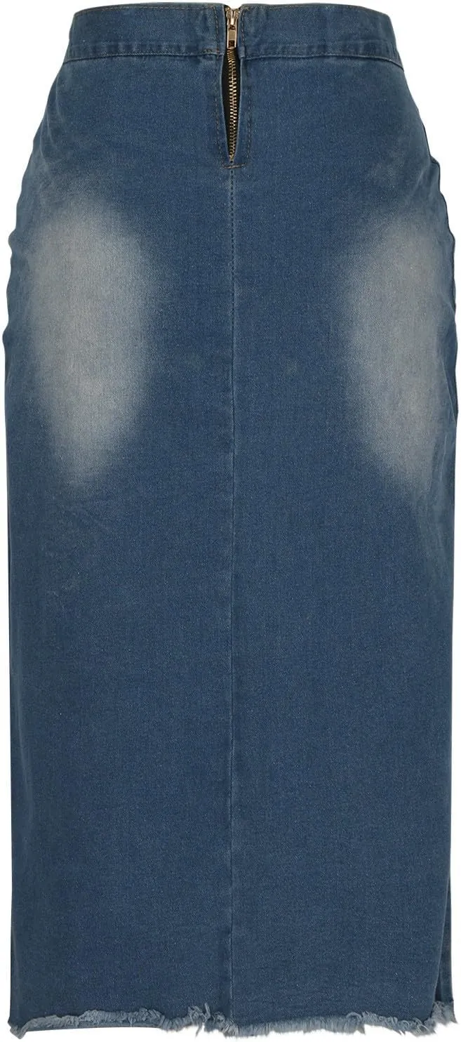 Women Denim Skirts Front Slit Bandage Bodycon Denim Skirts Stretch Wash Pencil Skirts Mid Length Loose Baggy Skirts