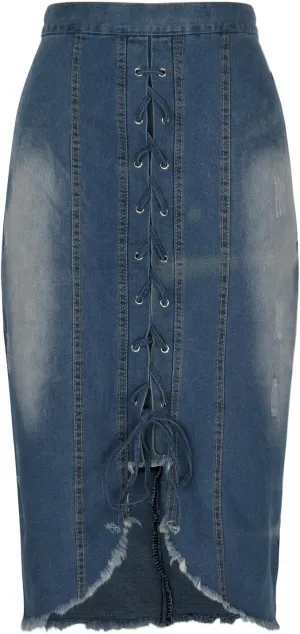 Women Denim Skirts Front Slit Bandage Bodycon Denim Skirts Stretch Wash Pencil Skirts Mid Length Loose Baggy Skirts
