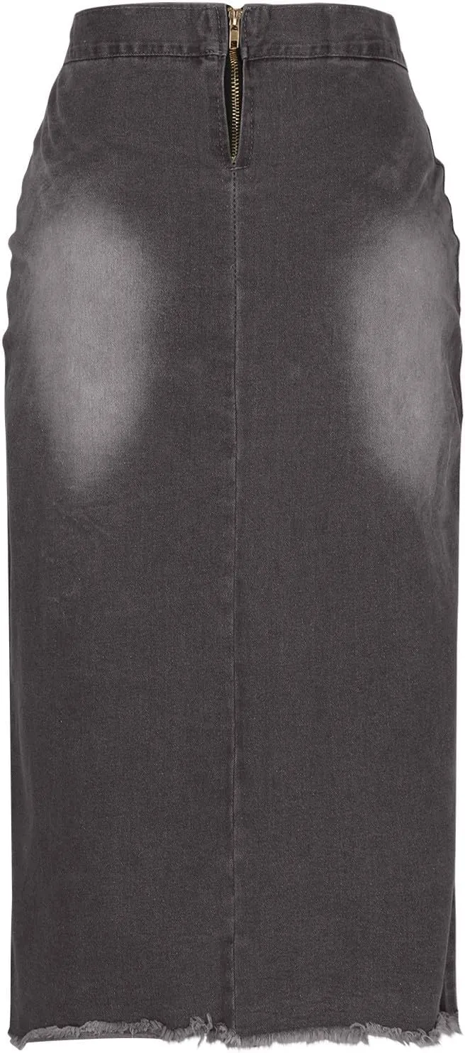 Women Denim Skirts Front Slit Bandage Bodycon Denim Skirts Stretch Wash Pencil Skirts Mid Length Loose Baggy Skirts