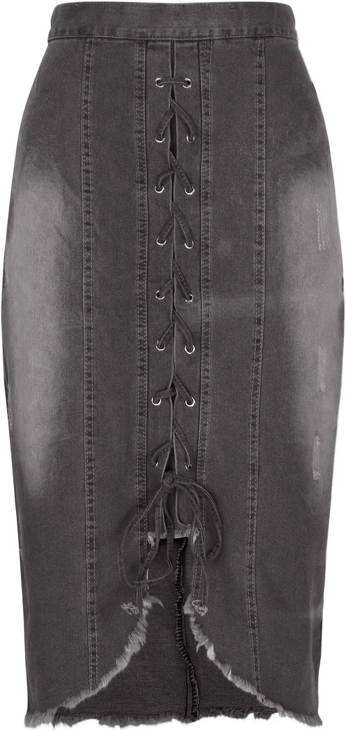 Women Denim Skirts Front Slit Bandage Bodycon Denim Skirts Stretch Wash Pencil Skirts Mid Length Loose Baggy Skirts