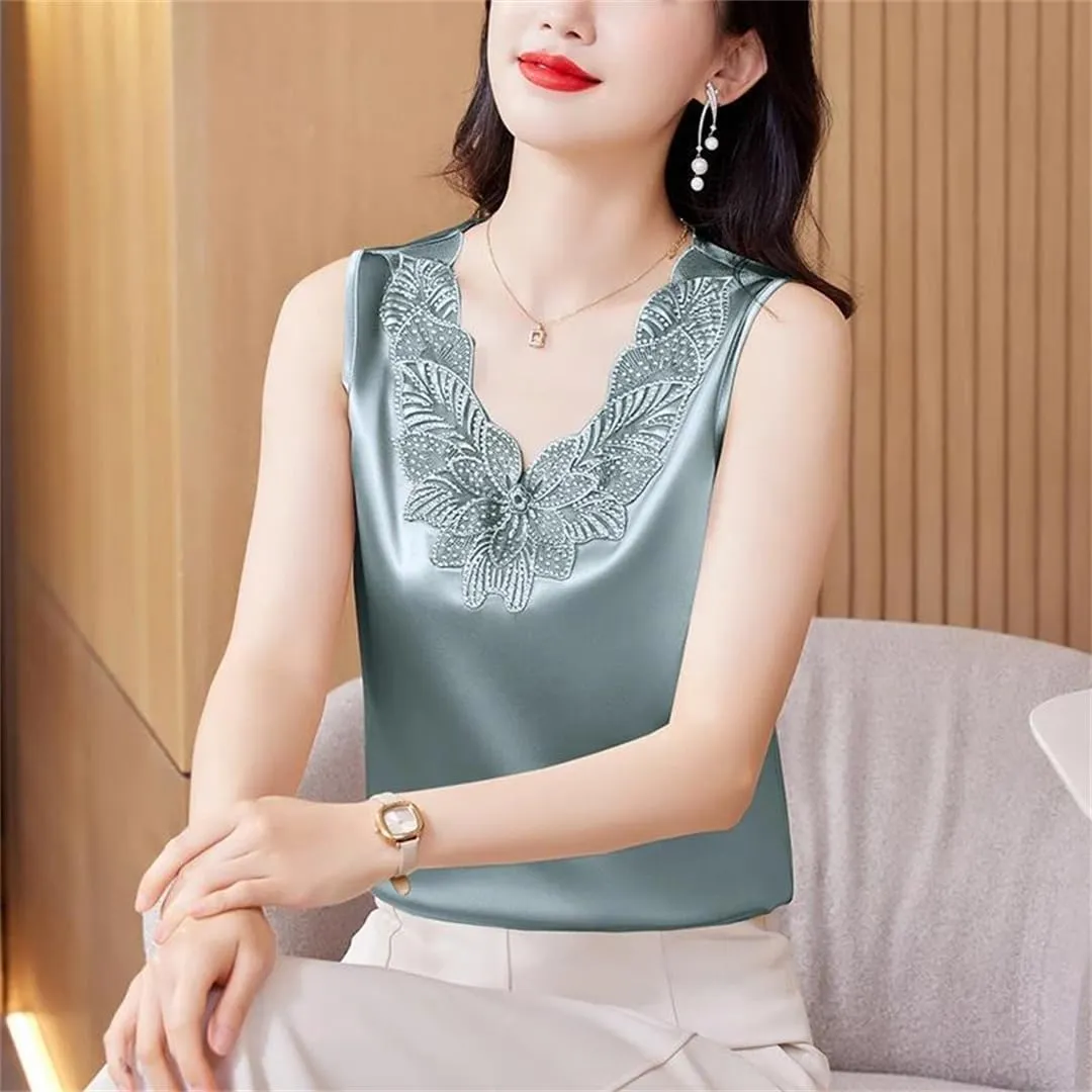 Women Diamond Embroidery Vest Shirt Spring Summer Silk Satin Tank Tops Sleeveless Camisole
