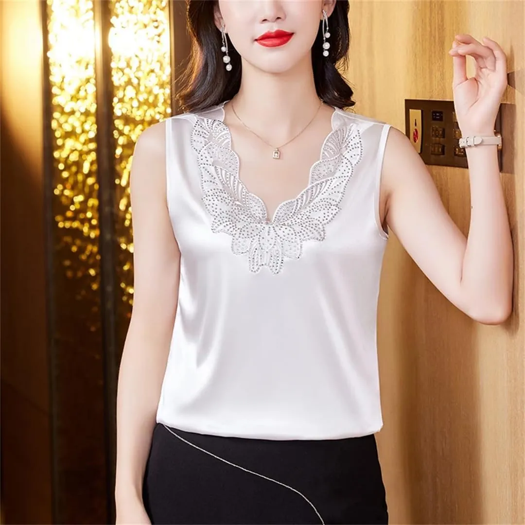Women Diamond Embroidery Vest Shirt Spring Summer Silk Satin Tank Tops Sleeveless Camisole