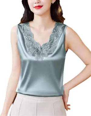 Women Diamond Embroidery Vest Shirt Spring Summer Silk Satin Tank Tops Sleeveless Camisole