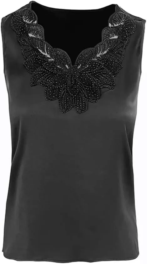 Women Diamond Embroidery Vest Shirt Spring Summer Silk Satin Tank Tops Sleeveless Camisole