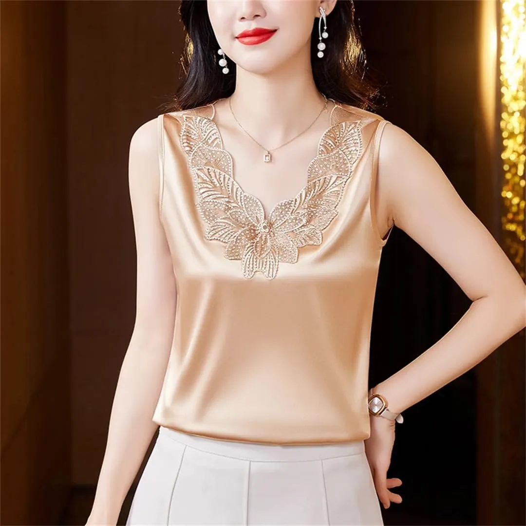 Women Diamond Embroidery Vest Shirt Spring Summer Silk Satin Tank Tops Sleeveless Camisole