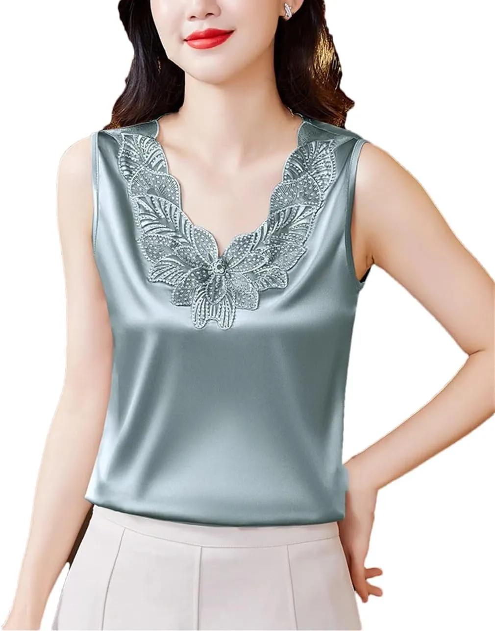 Women Diamond Embroidery Vest Shirt Spring Summer Silk Satin Tank Tops Sleeveless Camisole