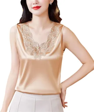 Women Diamond Embroidery Vest Shirt Spring Summer Silk Satin Tank Tops Sleeveless Camisole