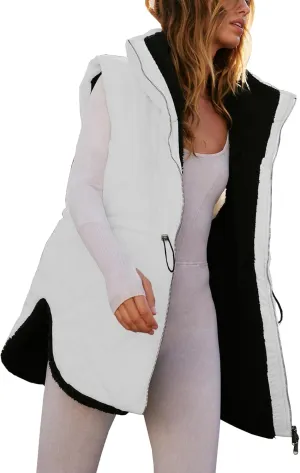 Women Fall Reversible Vests Sleeveless Sherpa Fleece Jacket Zip Up Hoodie Long Warm Winter Padded Coat Outerwear