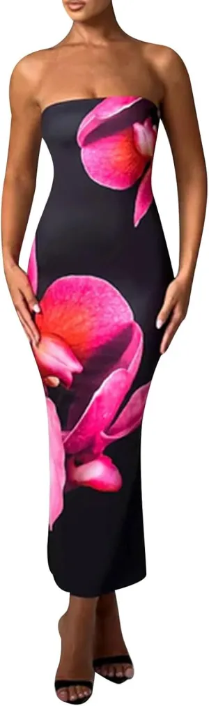 Women Floral Maxi Tube Dress Sexy Satin Strapless Bodycon Dress Summer Beach Vacation Long Sundress