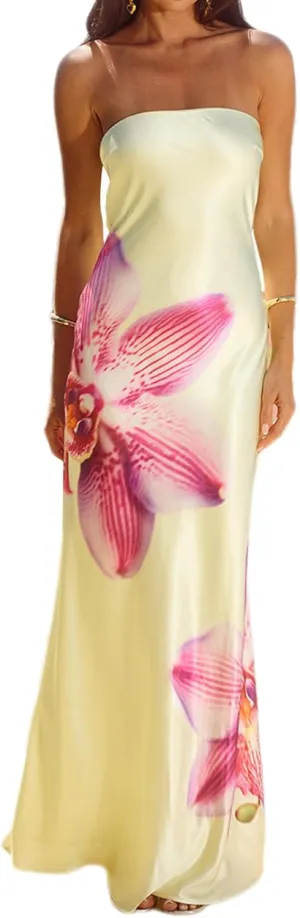 Women Floral Maxi Tube Dress Sexy Satin Strapless Bodycon Dress Summer Beach Vacation Long Sundress