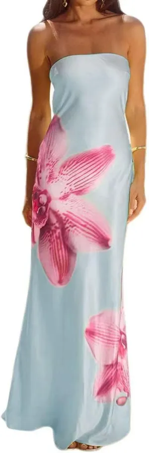 Women Floral Maxi Tube Dress Sexy Satin Strapless Bodycon Dress Summer Beach Vacation Long Sundress