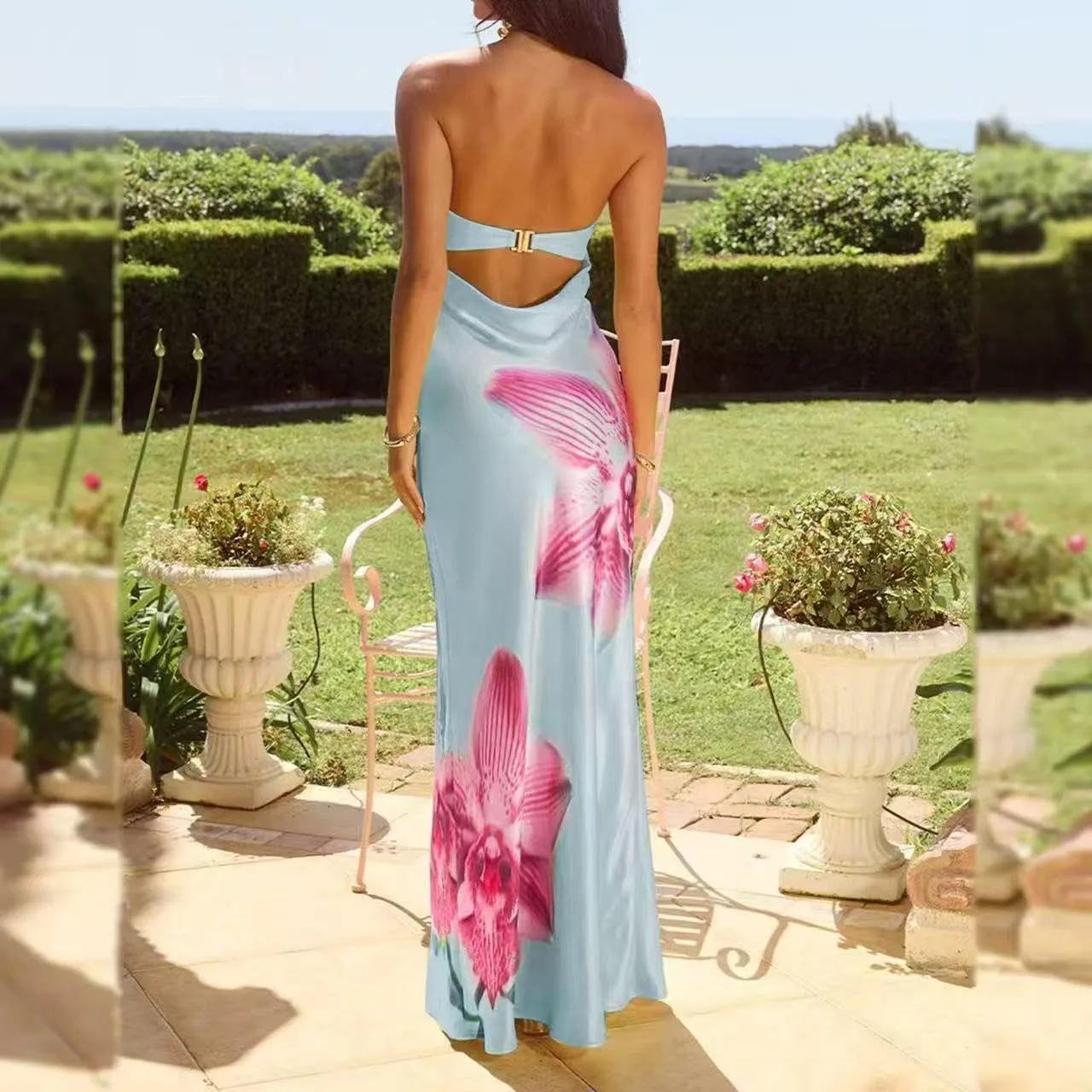 Women Floral Maxi Tube Dress Sexy Satin Strapless Bodycon Dress Summer Beach Vacation Long Sundress