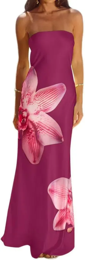 Women Floral Maxi Tube Dress Sexy Satin Strapless Bodycon Dress Summer Beach Vacation Long Sundress