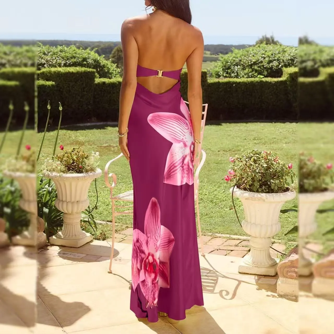 Women Floral Maxi Tube Dress Sexy Satin Strapless Bodycon Dress Summer Beach Vacation Long Sundress