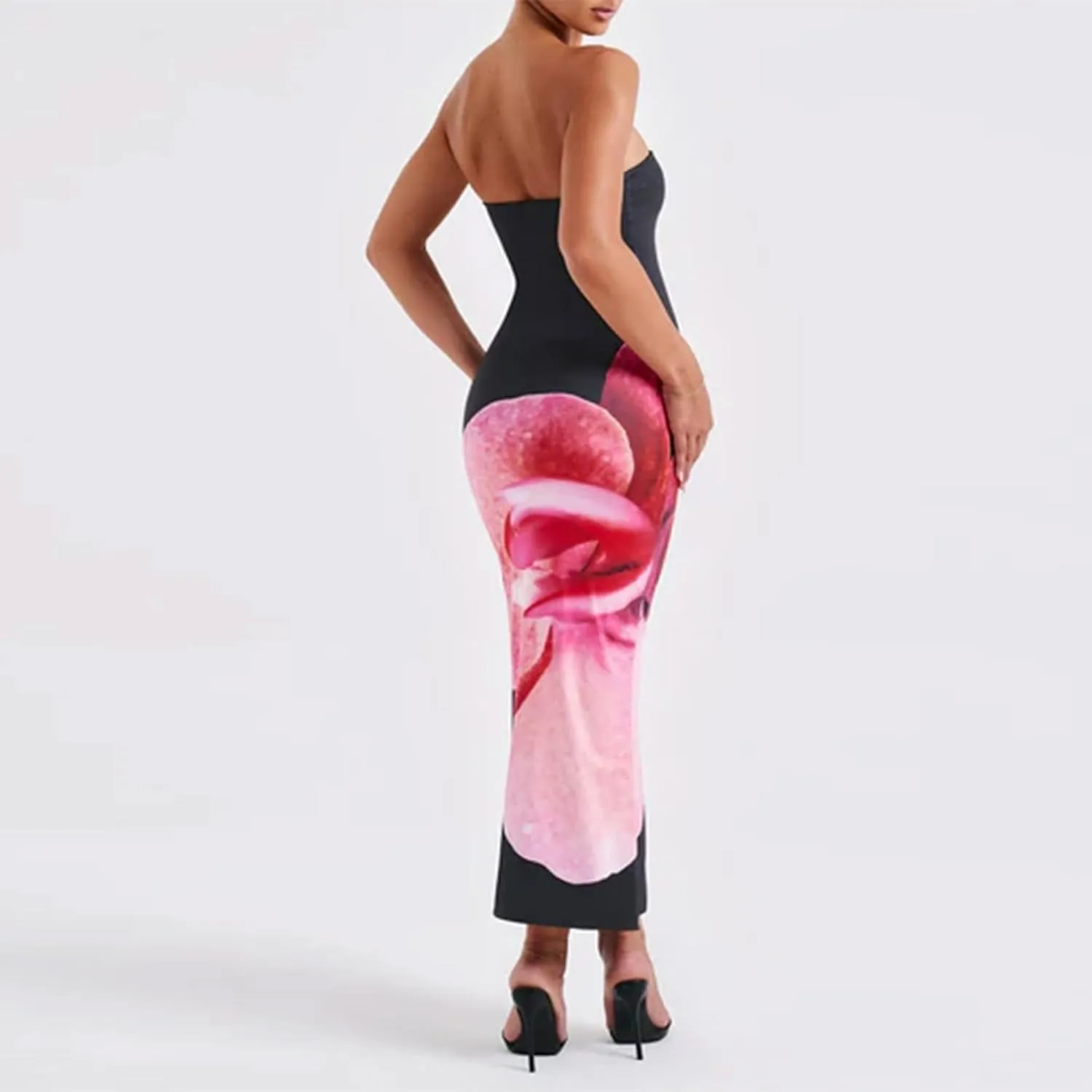 Women Floral Maxi Tube Dress Sexy Satin Strapless Bodycon Dress Summer Beach Vacation Long Sundress