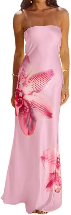 Women Floral Maxi Tube Dress Sexy Satin Strapless Bodycon Dress Summer Beach Vacation Long Sundress