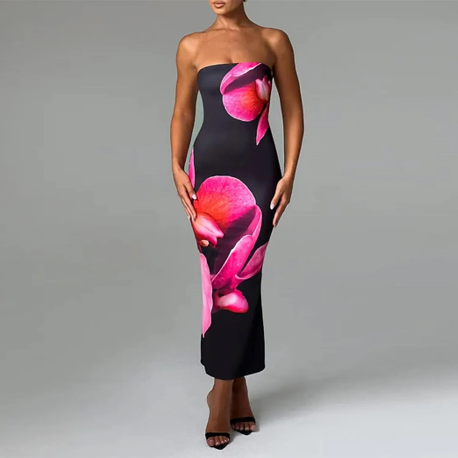 Women Floral Maxi Tube Dress Sexy Satin Strapless Bodycon Dress Summer Beach Vacation Long Sundress