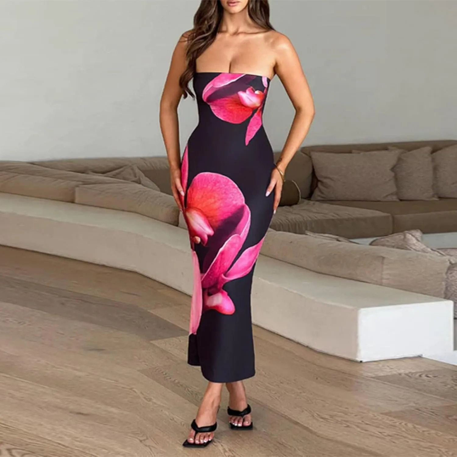 Women Floral Maxi Tube Dress Sexy Satin Strapless Bodycon Dress Summer Beach Vacation Long Sundress