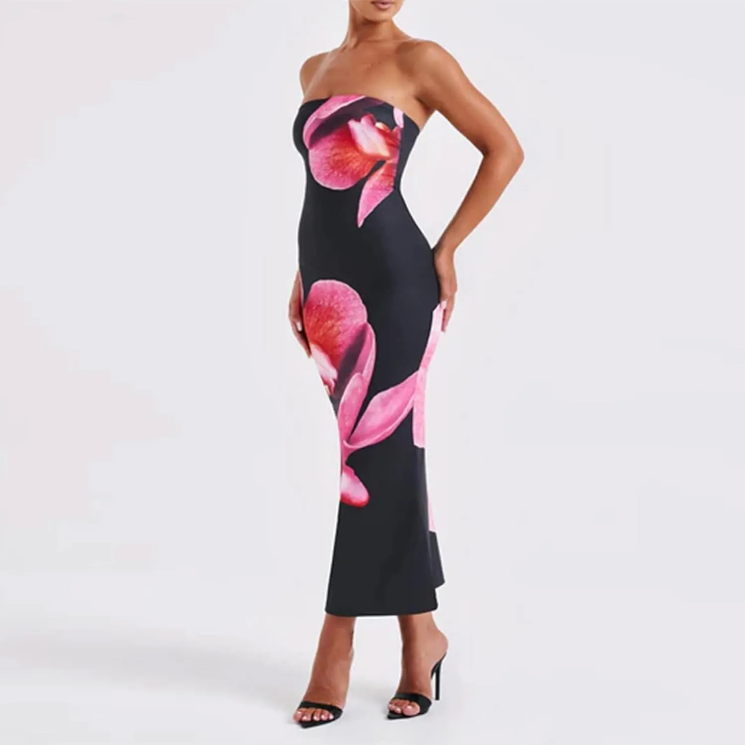 Women Floral Maxi Tube Dress Sexy Satin Strapless Bodycon Dress Summer Beach Vacation Long Sundress