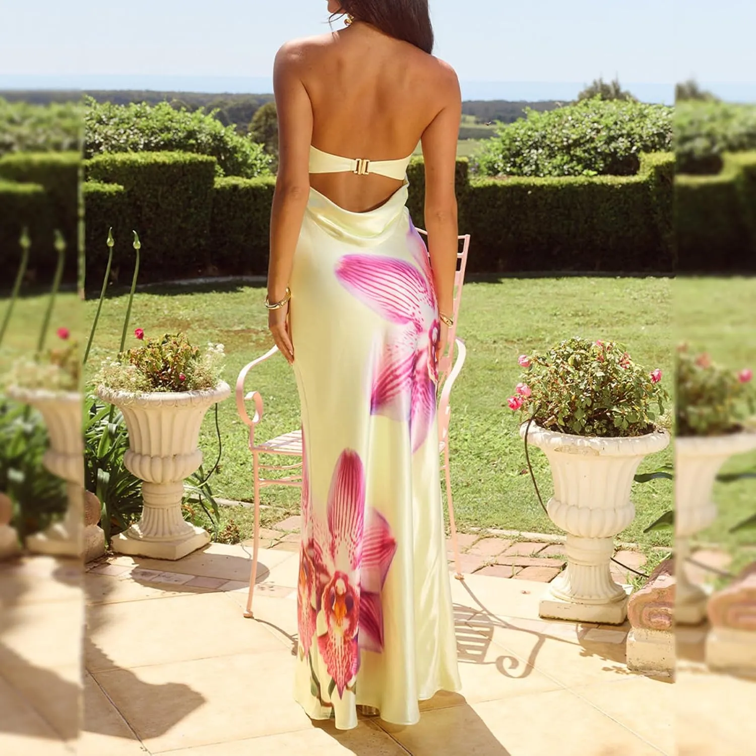 Women Floral Maxi Tube Dress Sexy Satin Strapless Bodycon Dress Summer Beach Vacation Long Sundress