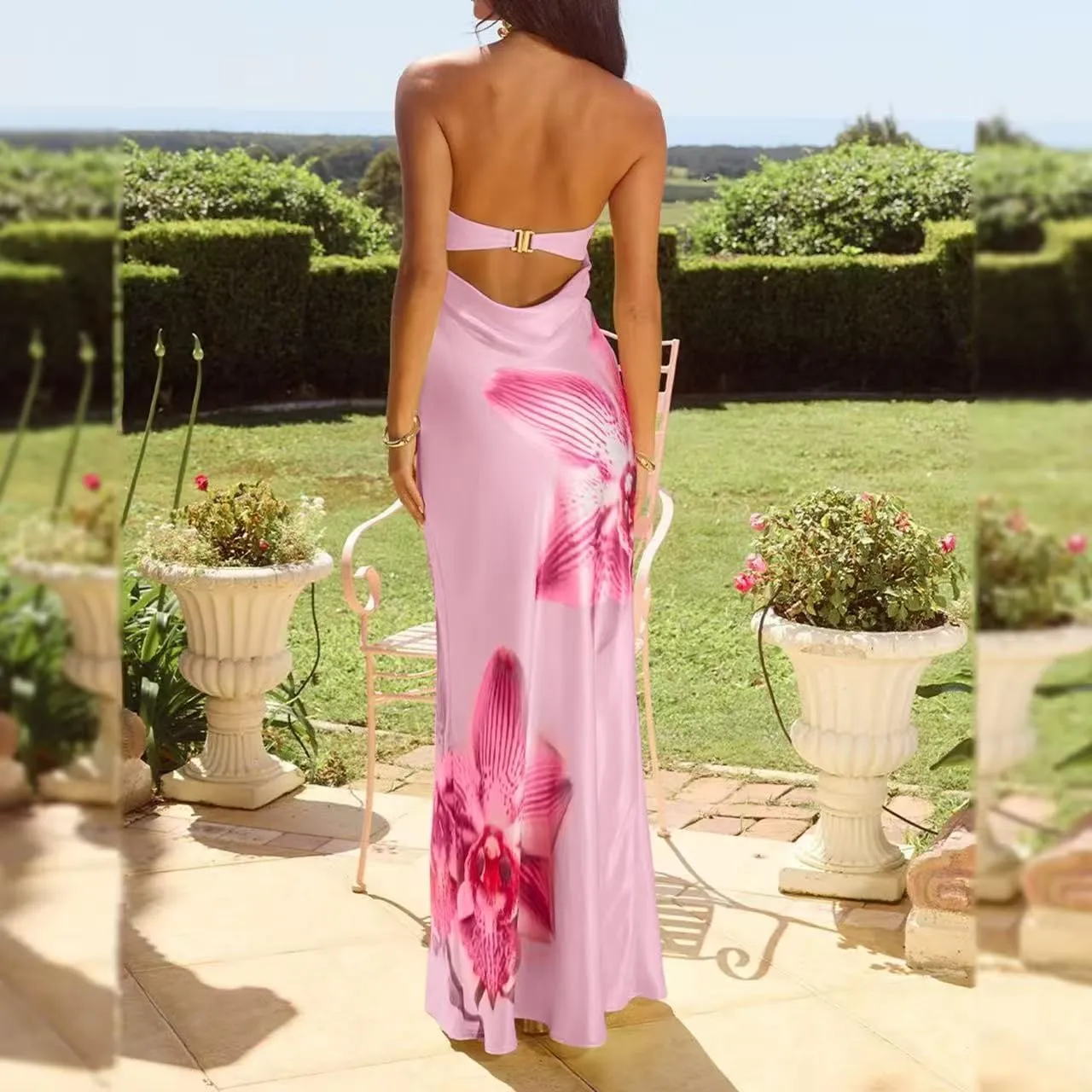 Women Floral Maxi Tube Dress Sexy Satin Strapless Bodycon Dress Summer Beach Vacation Long Sundress