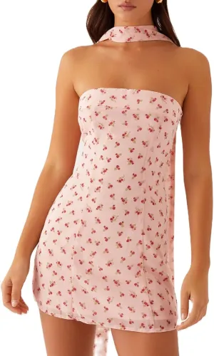 Women Floral Strapless Mini Dress Y2K Bodycon Flower Tube Dress Sexy Party Beach Dresses with Scarf