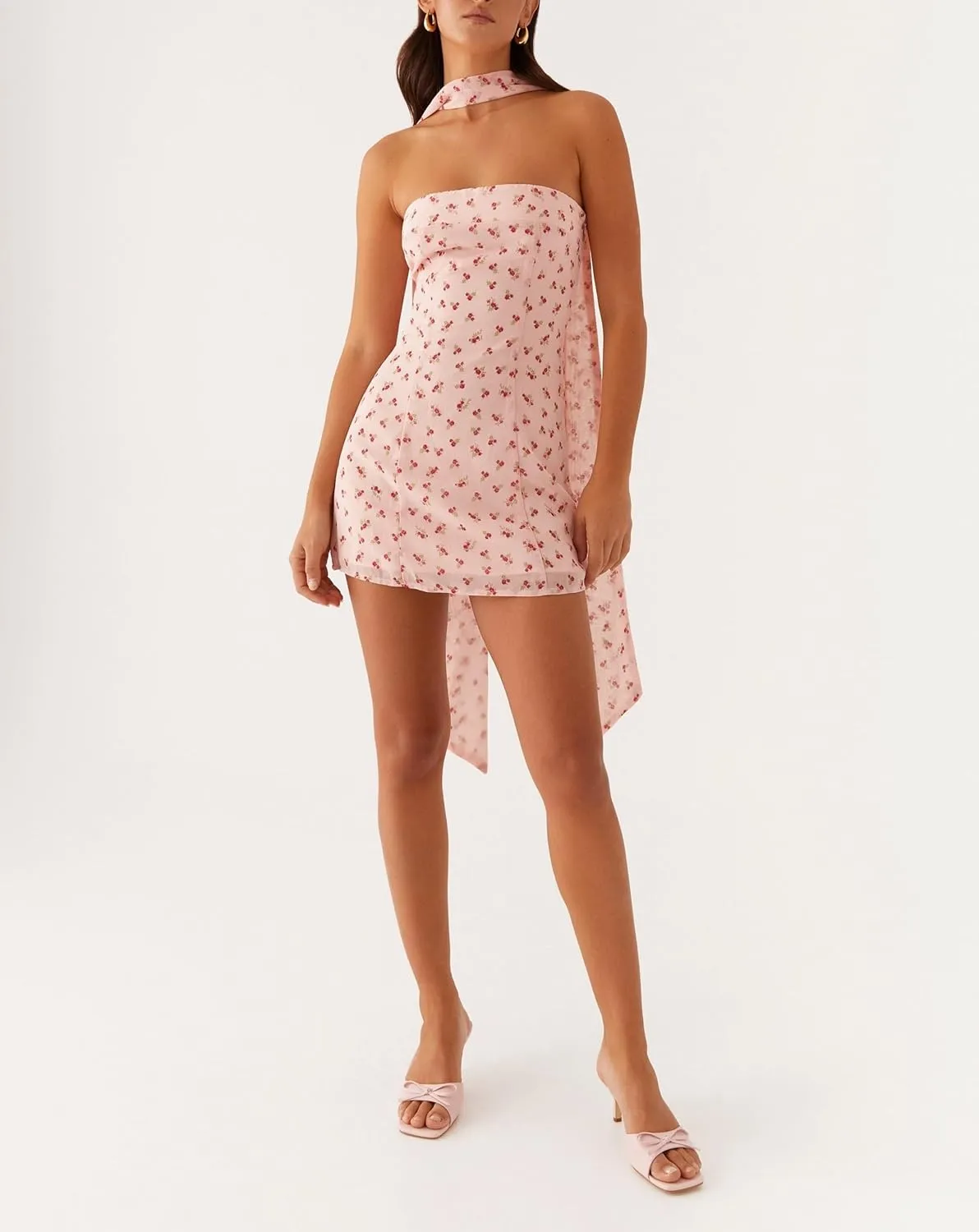 Women Floral Strapless Mini Dress Y2K Bodycon Flower Tube Dress Sexy Party Beach Dresses with Scarf
